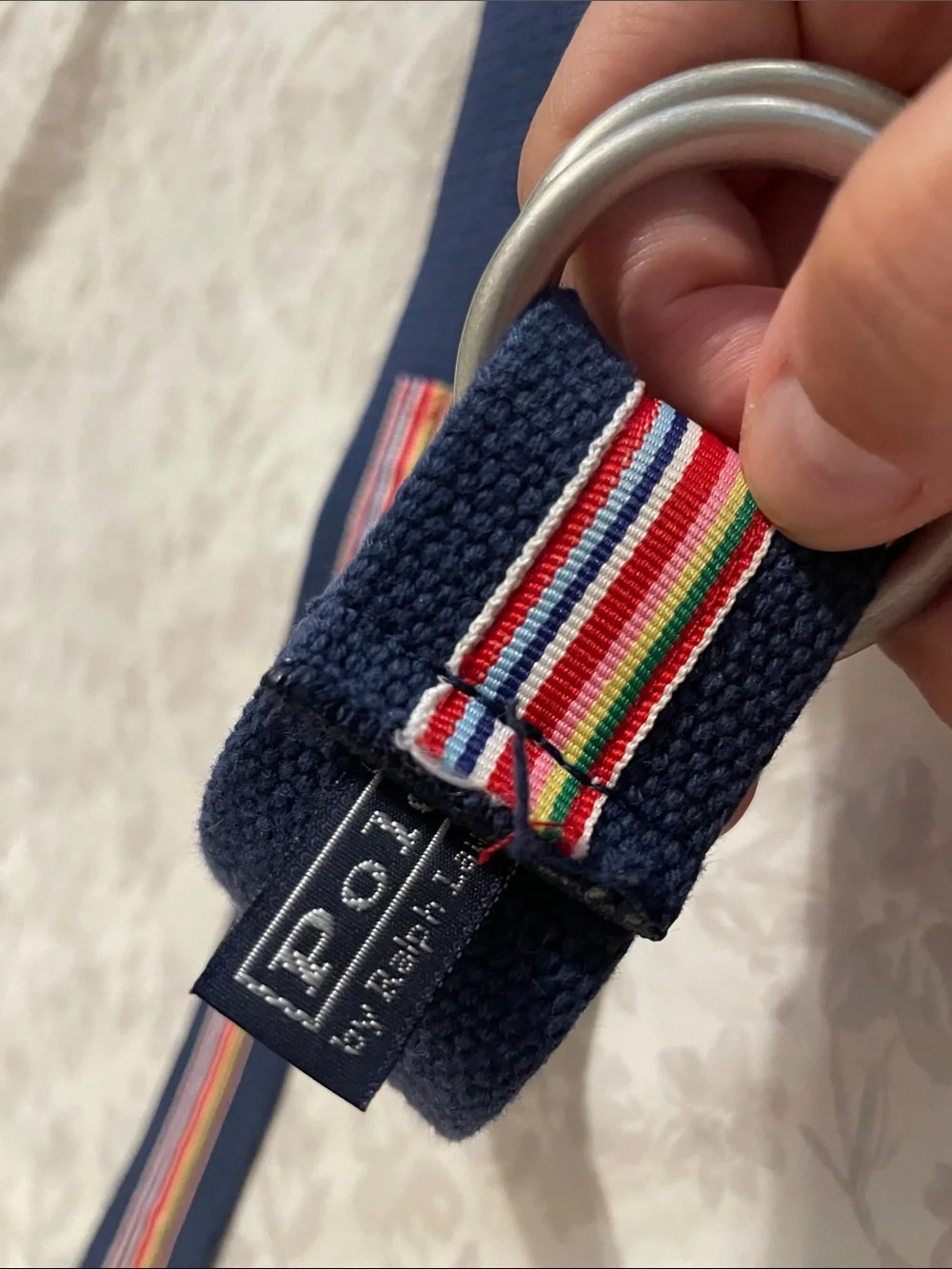 Ralph Lauren Polo Jeans Navy Webbing Belt Rainbow Stripe and Brown Leather Trim
